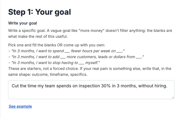 Step 1 screen: writing a goal from a starter sentence