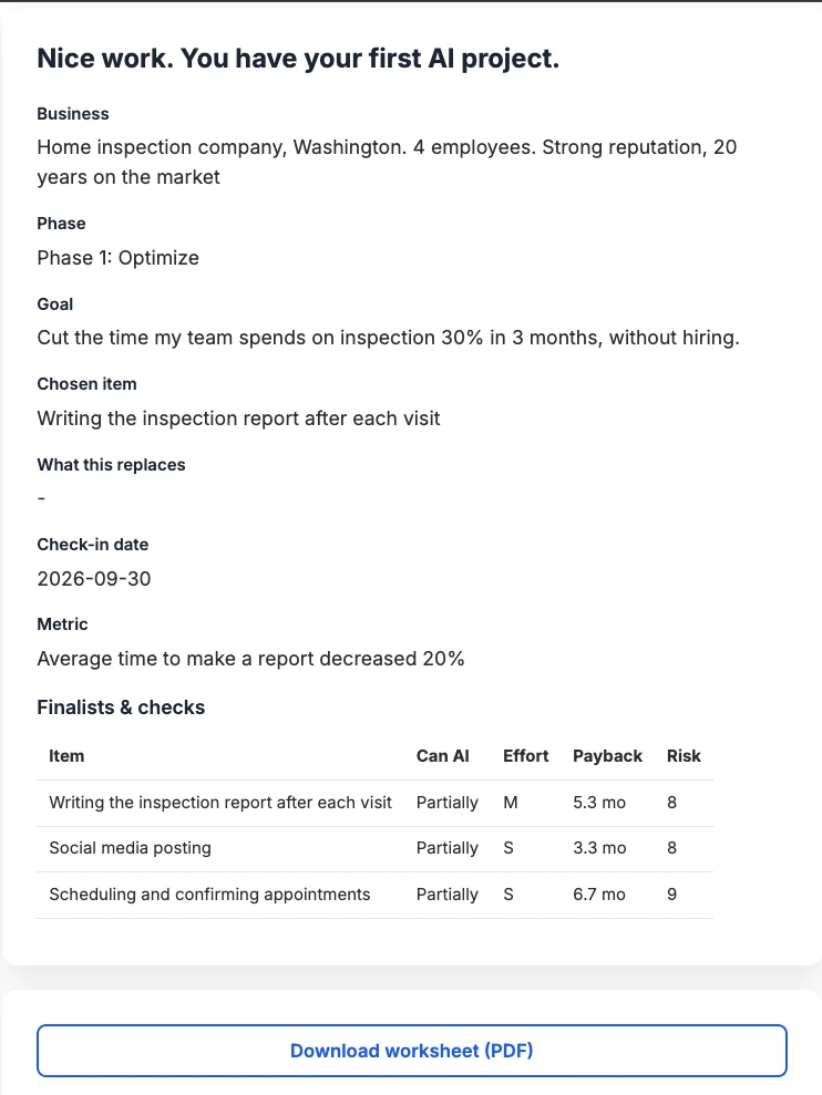 Final summary screen with the Download worksheet (PDF) button