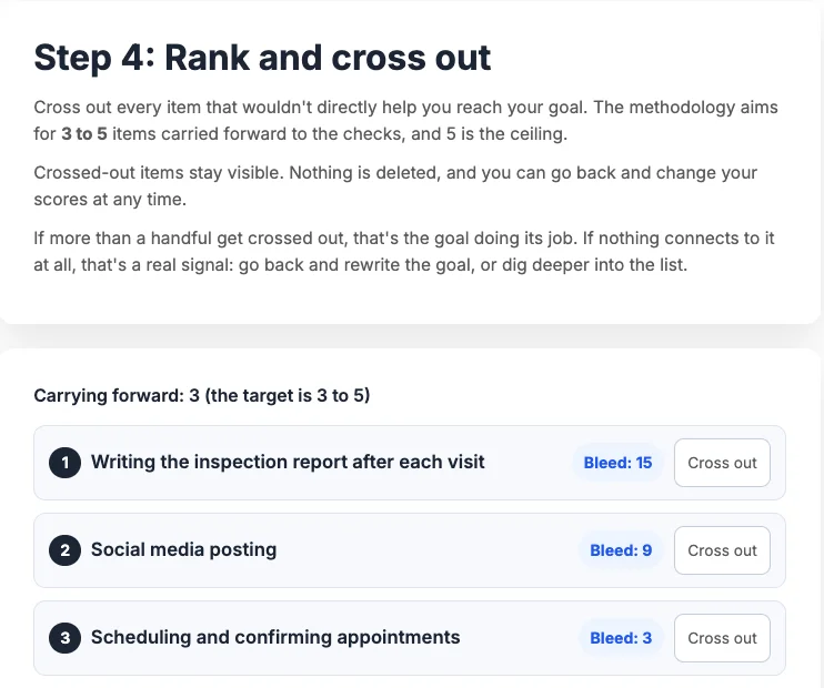 Step 4 screen: tasks ranked by score